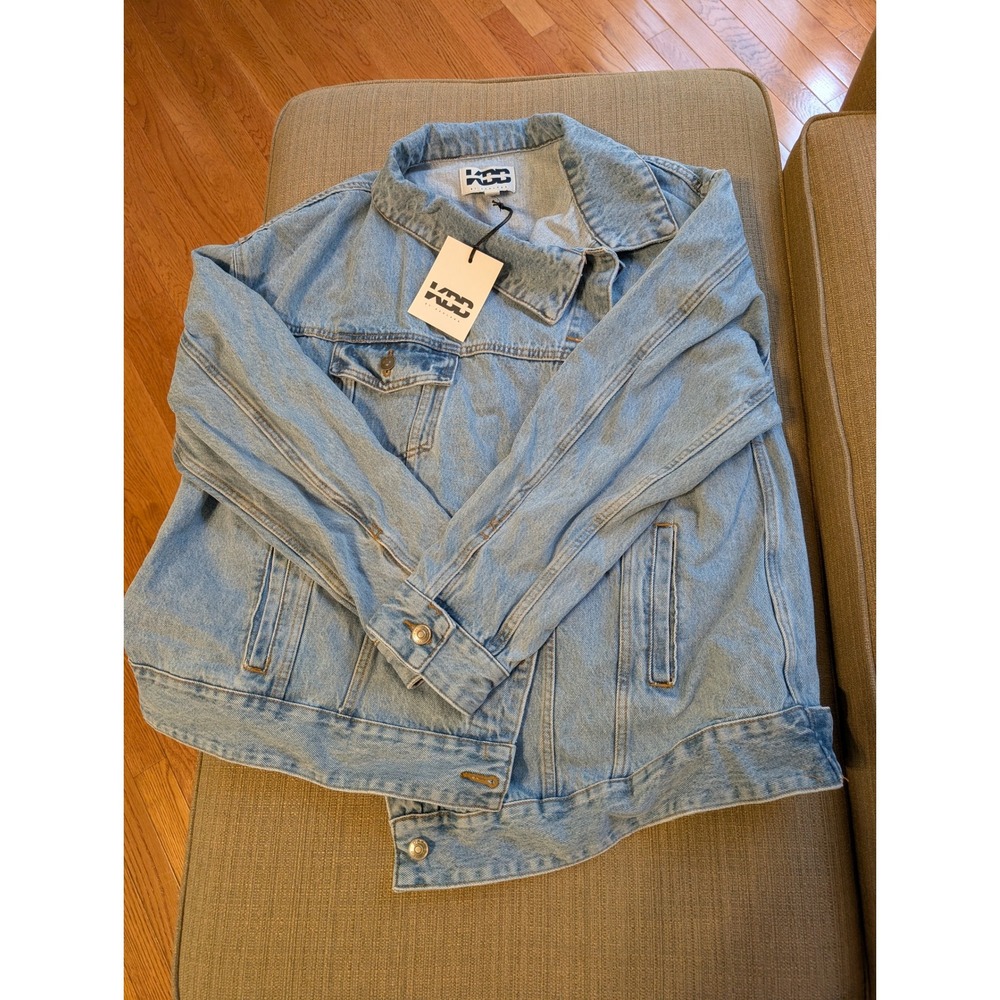 KBB Kahlana Barfield Brown Asymmetrical Denim Jacket Large NEW (MSRP $50)